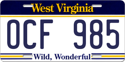 WV license plate OCF985