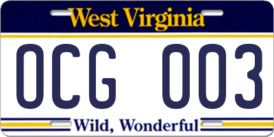 WV license plate OCG003