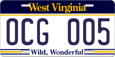 WV license plate OCG005