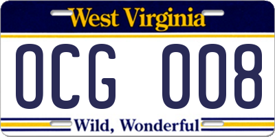 WV license plate OCG008