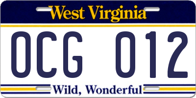 WV license plate OCG012