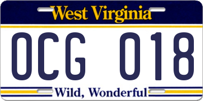 WV license plate OCG018