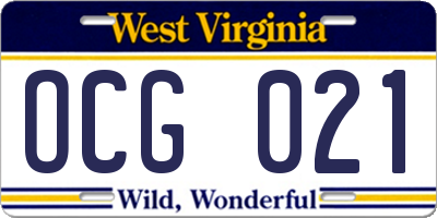 WV license plate OCG021