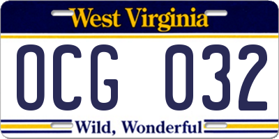 WV license plate OCG032