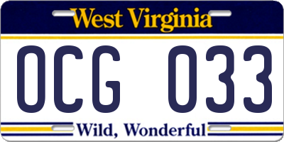 WV license plate OCG033