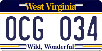 WV license plate OCG034