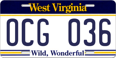 WV license plate OCG036