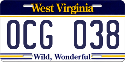 WV license plate OCG038