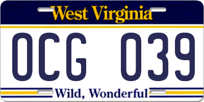 WV license plate OCG039