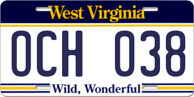 WV license plate OCH038