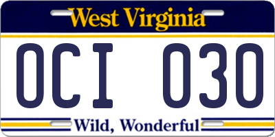 WV license plate OCI030