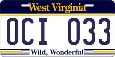 WV license plate OCI033