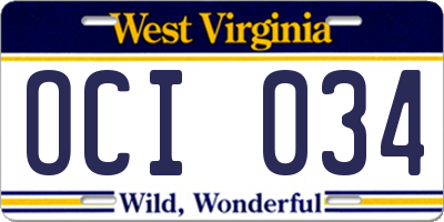 WV license plate OCI034