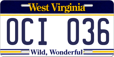 WV license plate OCI036