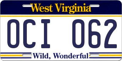 WV license plate OCI062