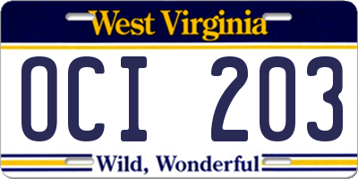 WV license plate OCI203