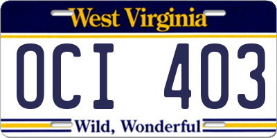 WV license plate OCI403