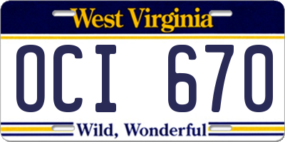 WV license plate OCI670