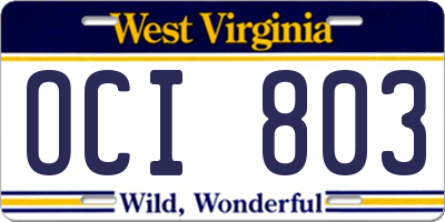 WV license plate OCI803