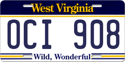 WV license plate OCI908