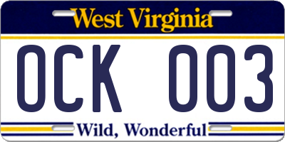 WV license plate OCK003