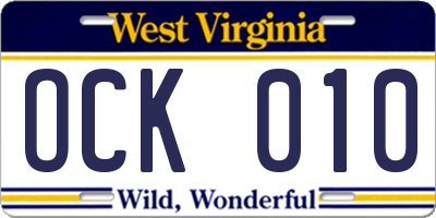 WV license plate OCK010