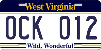 WV license plate OCK012
