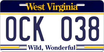 WV license plate OCK038