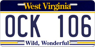 WV license plate OCK106