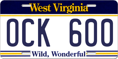 WV license plate OCK600