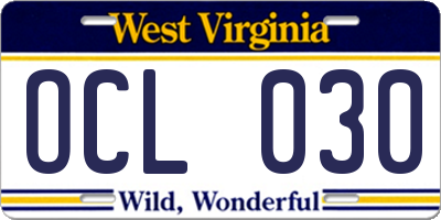 WV license plate OCL030