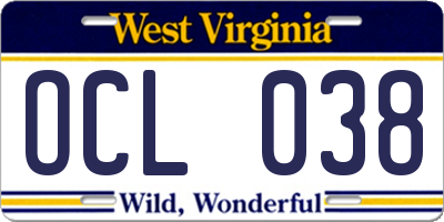 WV license plate OCL038