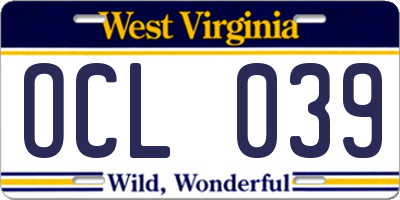 WV license plate OCL039