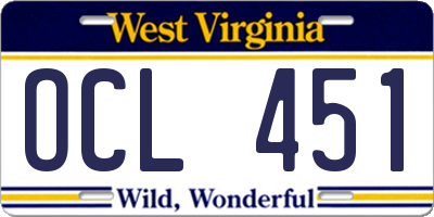 WV license plate OCL451