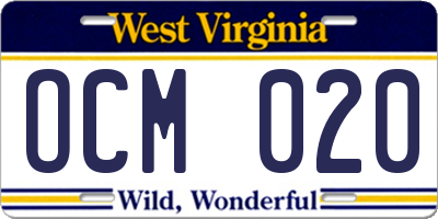 WV license plate OCM020