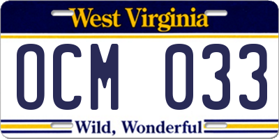 WV license plate OCM033