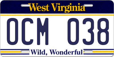 WV license plate OCM038