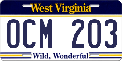 WV license plate OCM203