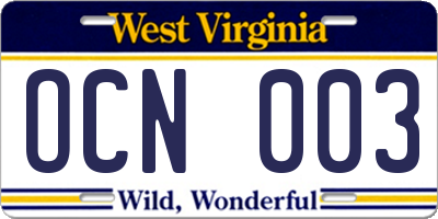 WV license plate OCN003