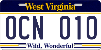 WV license plate OCN010