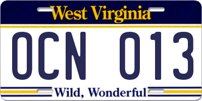 WV license plate OCN013