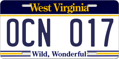 WV license plate OCN017