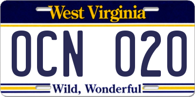 WV license plate OCN020