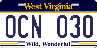 WV license plate OCN030