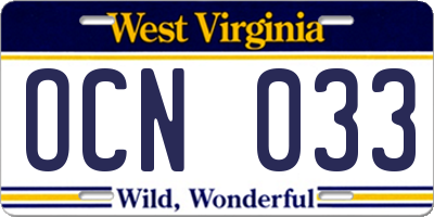WV license plate OCN033