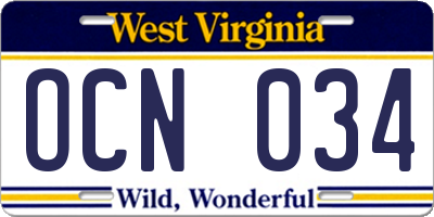 WV license plate OCN034