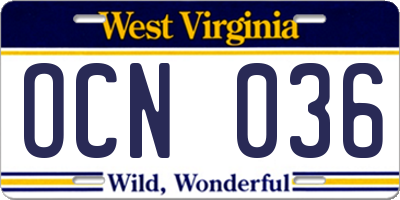 WV license plate OCN036