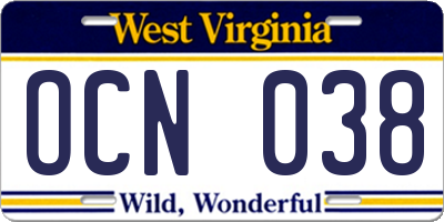 WV license plate OCN038