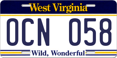 WV license plate OCN058