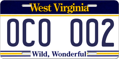 WV license plate OCO002